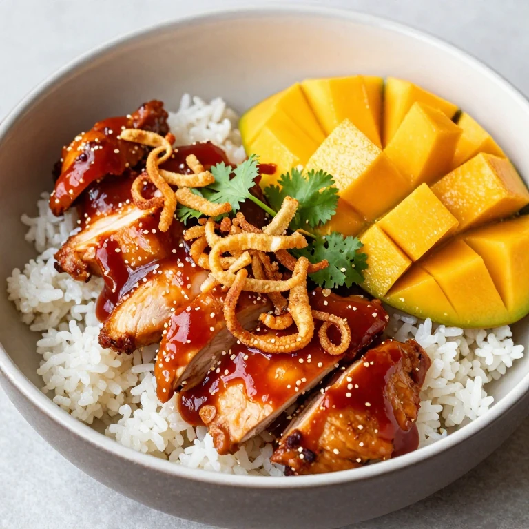 Chili-lime mango chicken bowl with crispy shallots and red chili sauce