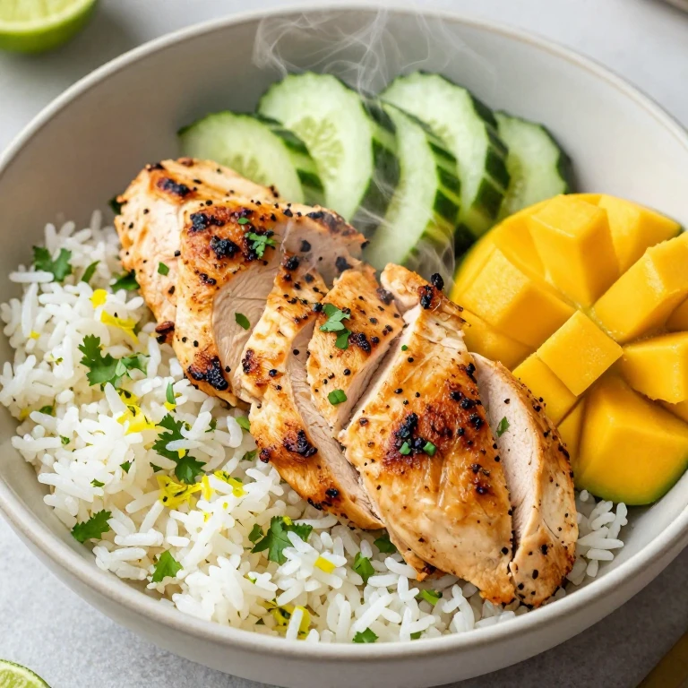 Cilantro-lime mango chicken bowl with golden chicken, rice, mango, and cucumber