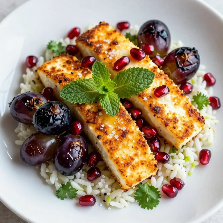 Crispy halloumi with charred grapes, pomegranate, and mint