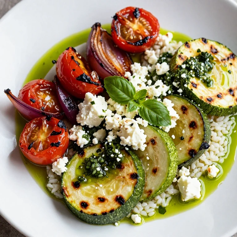 Mediterranean roasted vegetables with feta and herb oil drizzle