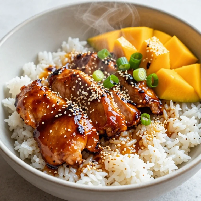 Teriyaki mango chicken with sesame rice, green onions, and sesame seeds