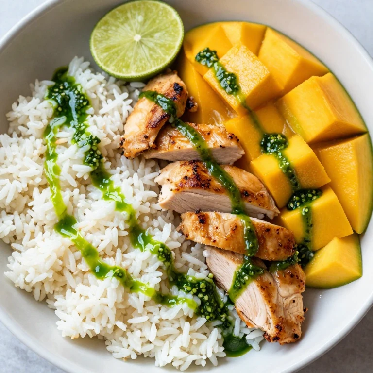Mango chicken with coconut rice and bright lime-cilantro oil drizzle