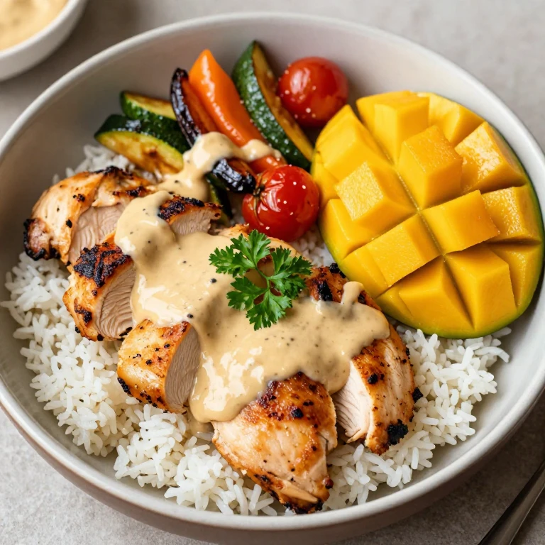 Mango chicken with roasted vegetables and tahini dressing