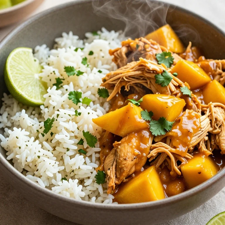Slow-cooker mango chicken with cilantro-lime rice and lime wedge