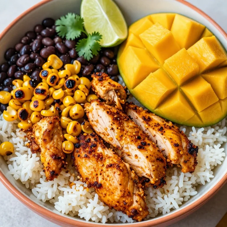 Spiced mango chicken with charred corn, black beans, and lime
