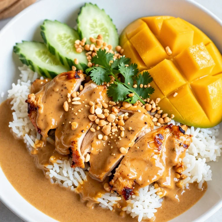 Thai mango chicken with peanut sauce, cucumber, crushed peanuts