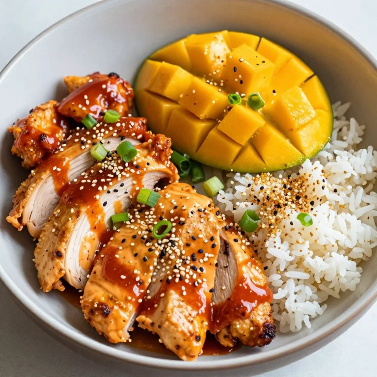 Sriracha mayo mango chicken with sesame rice and green onions