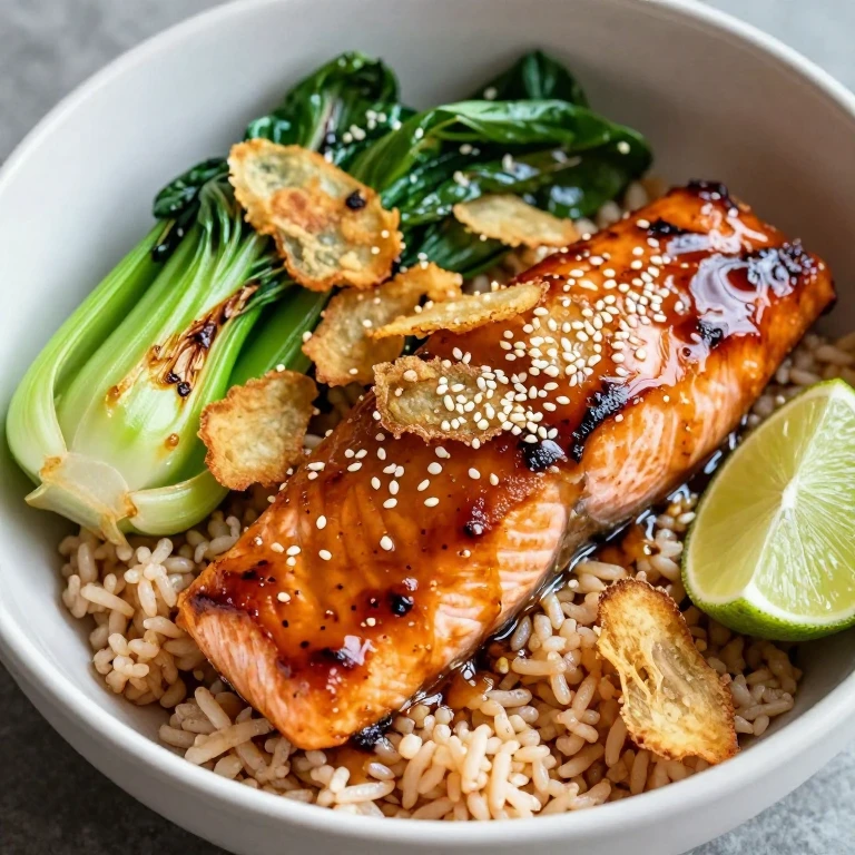 Teriyaki salmon bowl with crispy ginger, bok choy, and sesame seeds over brown rice