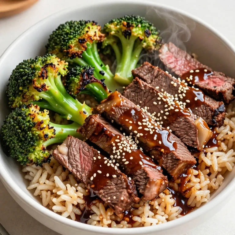 Ginger-soy beef and broccoli bowl with sesame seeds and glossy sauce over brown rice