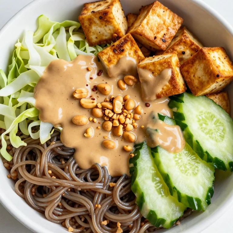 Peanut-lime noodle and tofu bowl with cabbage, cucumber, and crushed peanuts over brown rice