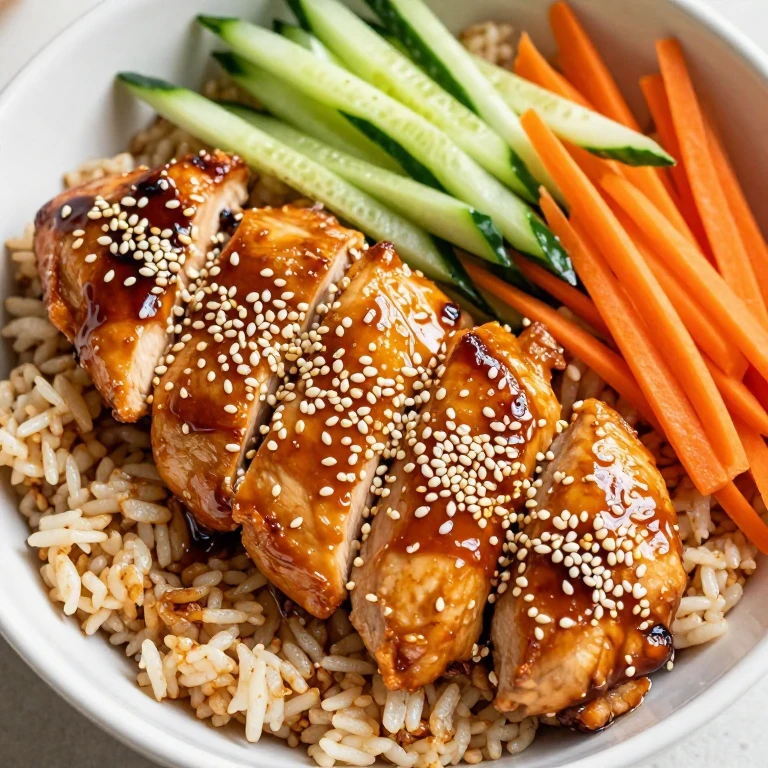Sesame chicken and cucumber ribbon bowl with shredded carrot and sesame seeds over brown rice
