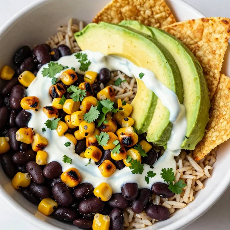 Black bean and charred corn bowl with avocado, tortilla strips, and cilantro-lime crema