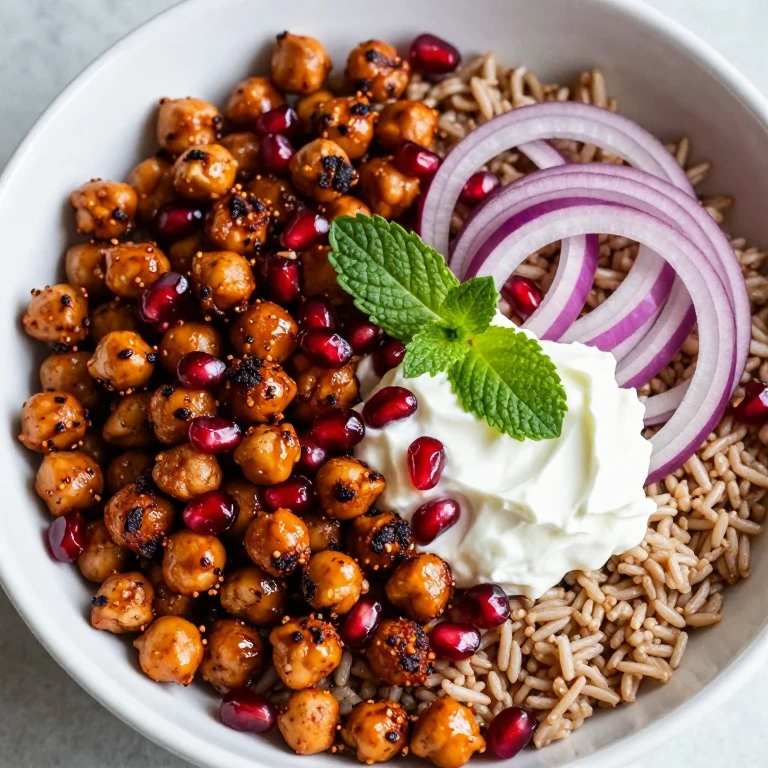 Harissa chickpea and pomegranate bowl with labneh and mint over brown rice