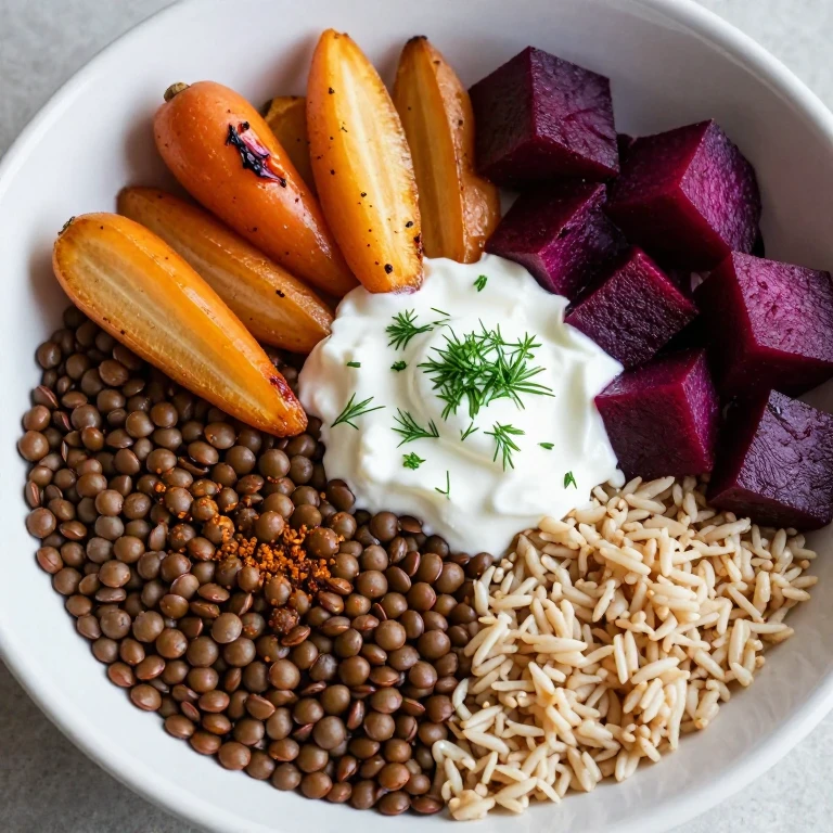 Spiced lentil bowl with roasted root vegetables, yogurt, and fresh dill over brown rice