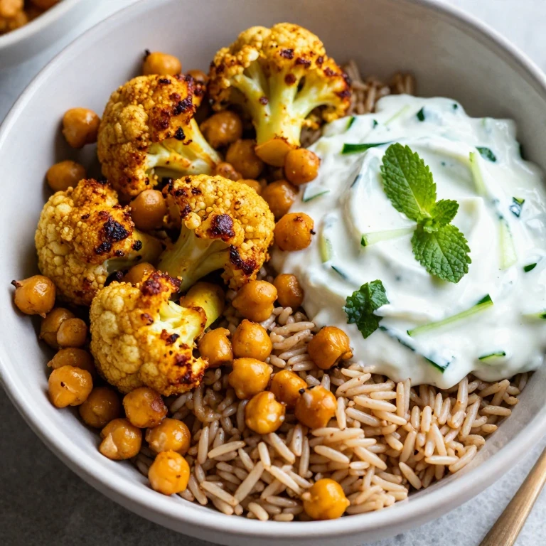 Turmeric chickpea and cauliflower bowl with cucumber-mint raita over brown rice