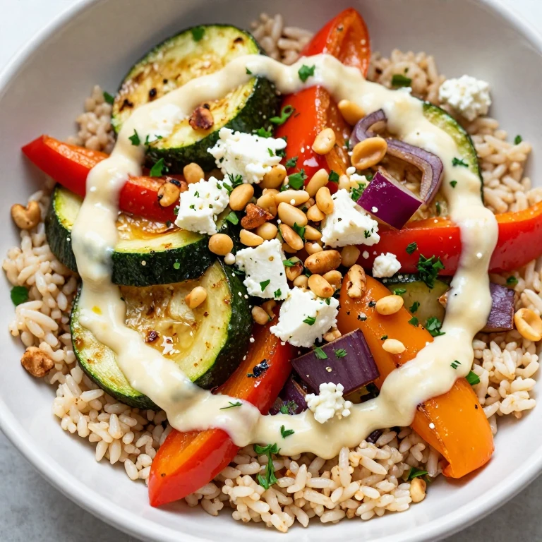 Lemon-tahini roasted vegetable and feta bowl with pine nuts and fresh herbs over brown rice