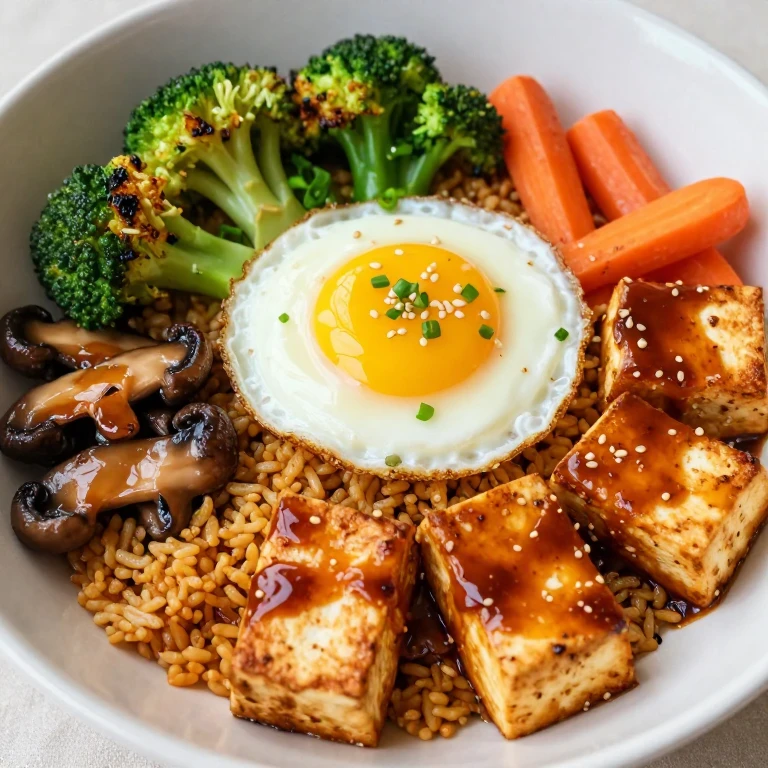 Gochujang tofu bibimbap with roasted vegetables, fried egg, sesame seeds, scallions