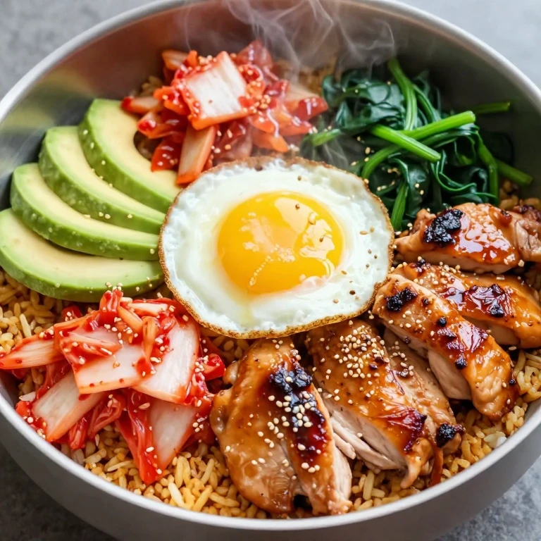 Soy-garlic chicken bibimbap with kimchi, avocado, fried egg, sesame seeds