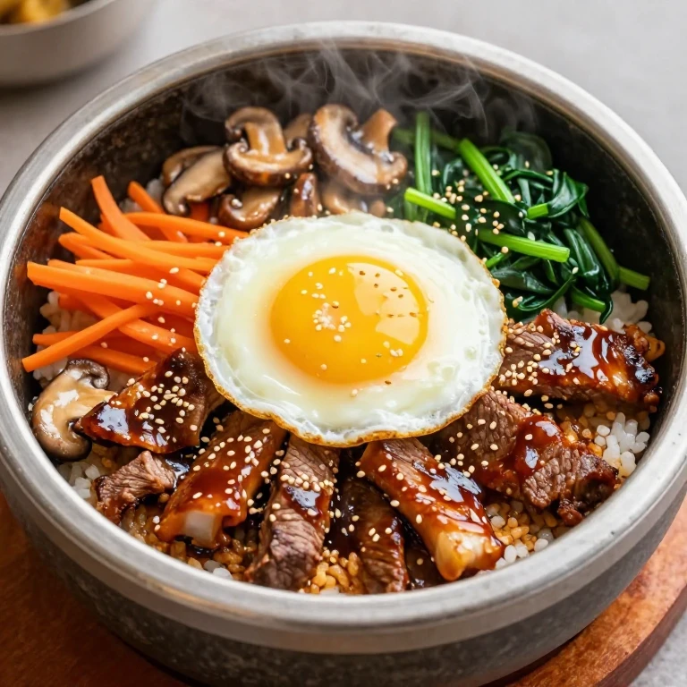 Classic bulgogi bibimbap with crispy rice, seared beef, fried egg, vegetables, sesame seeds