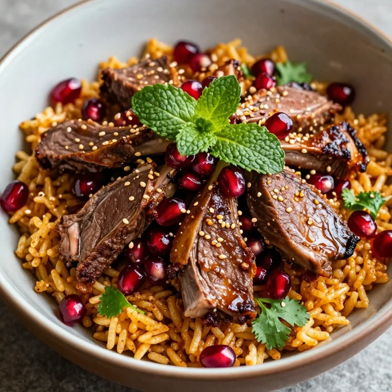 Marinated lamb bibimbap with pomegranate seeds, fresh herbs, sesame seeds