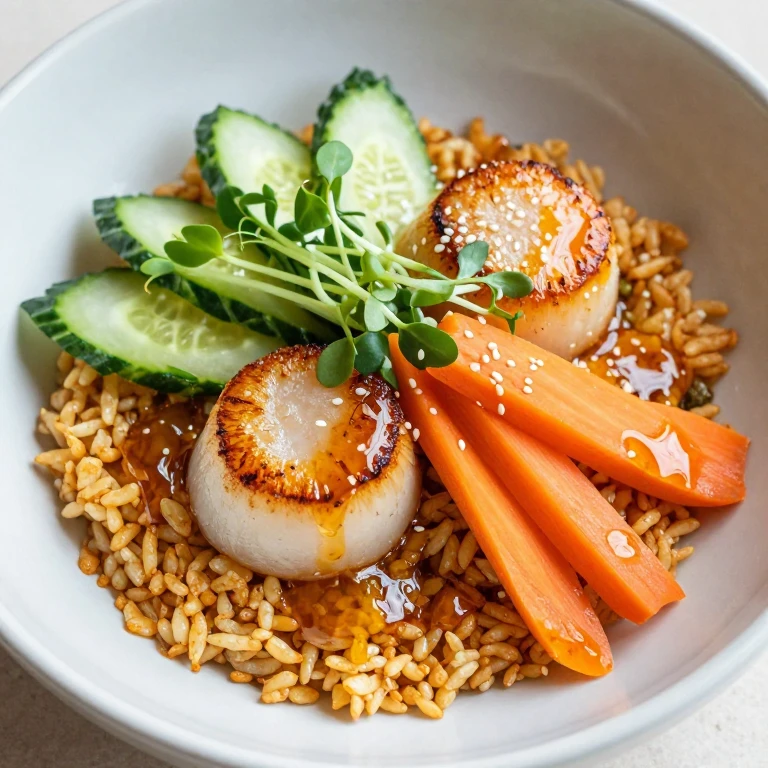 Seared scallop bibimbap with yuzu gochujang sauce, microgreens, cucumber, carrot, sesame