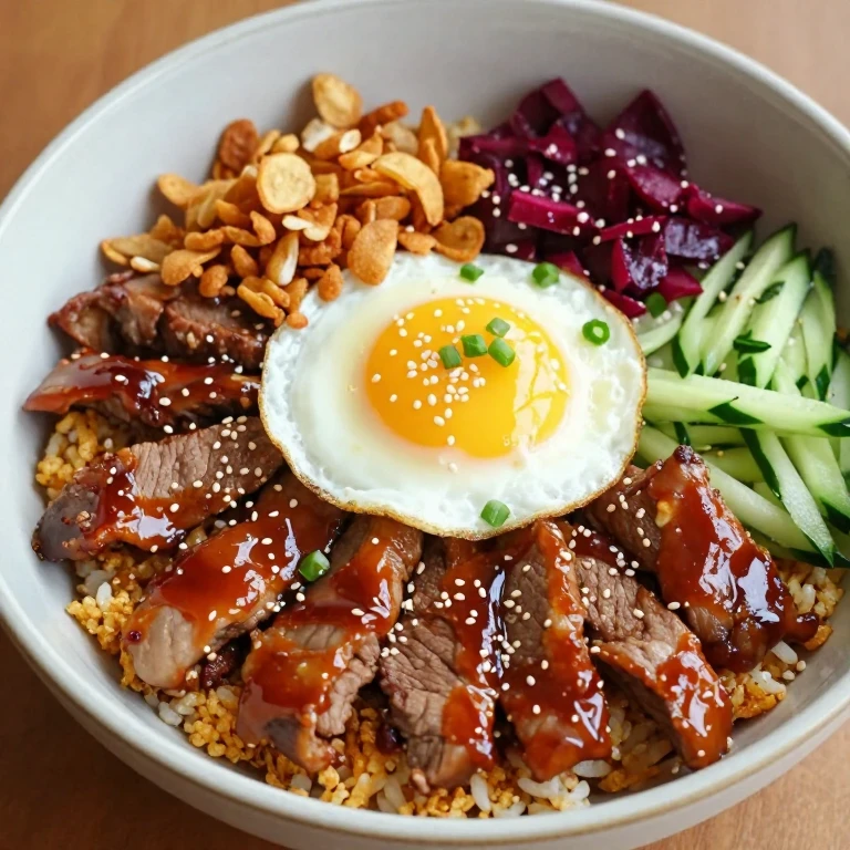 Spicy pork bulgogi bibimbap with crispy shallots, pickled radish, fried egg, sesame seeds