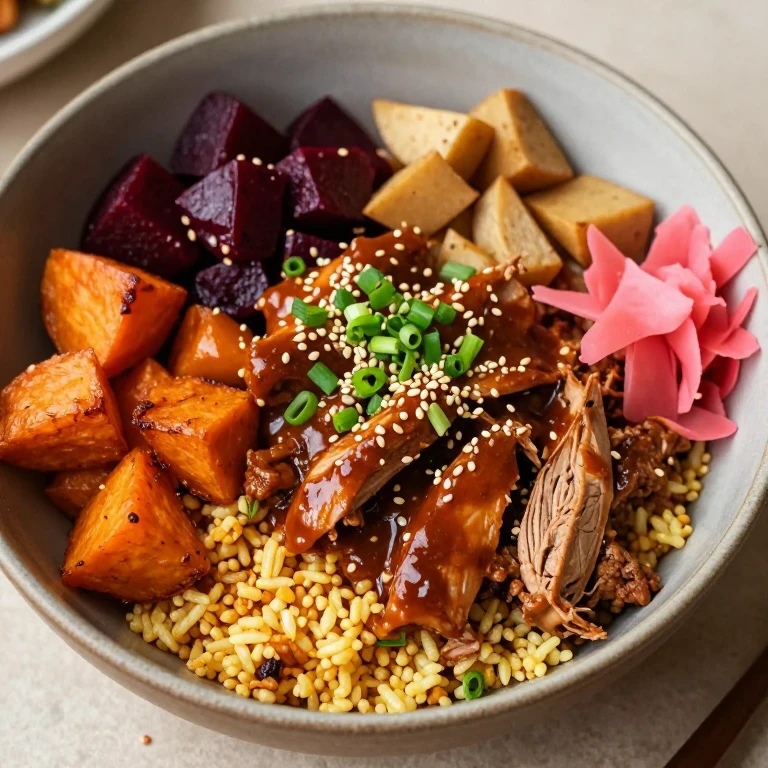 Ground turkey bibimbap with roasted root vegetables, sesame seeds, scallions, pickled ginger