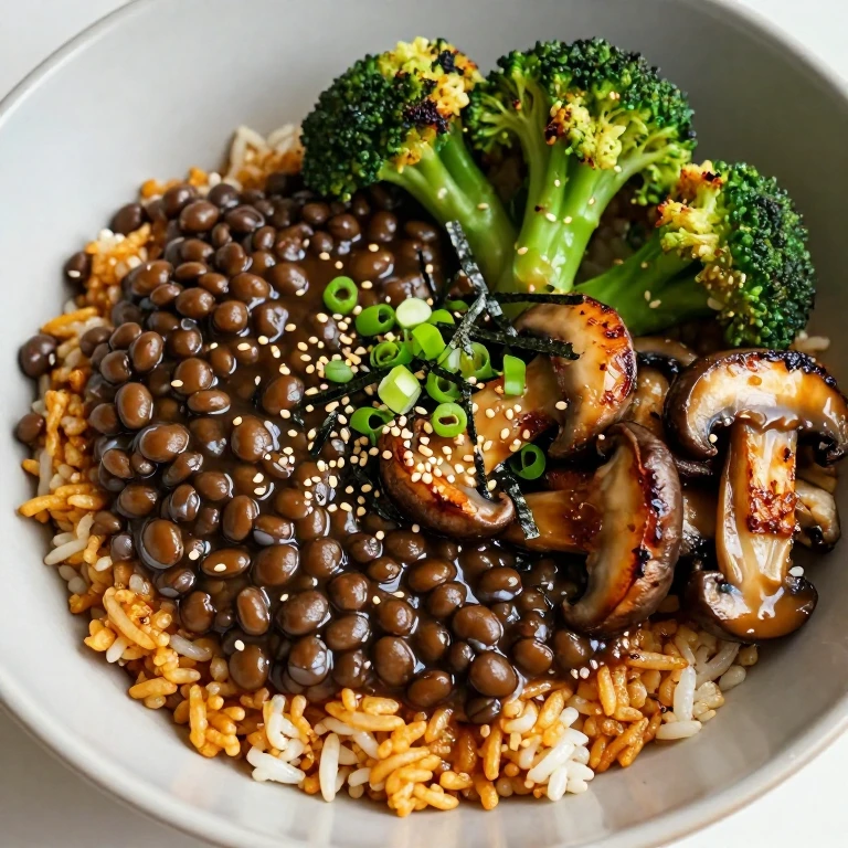 Lentil mushroom bibimbap with miso, roasted broccoli, sesame seeds, scallions, nori