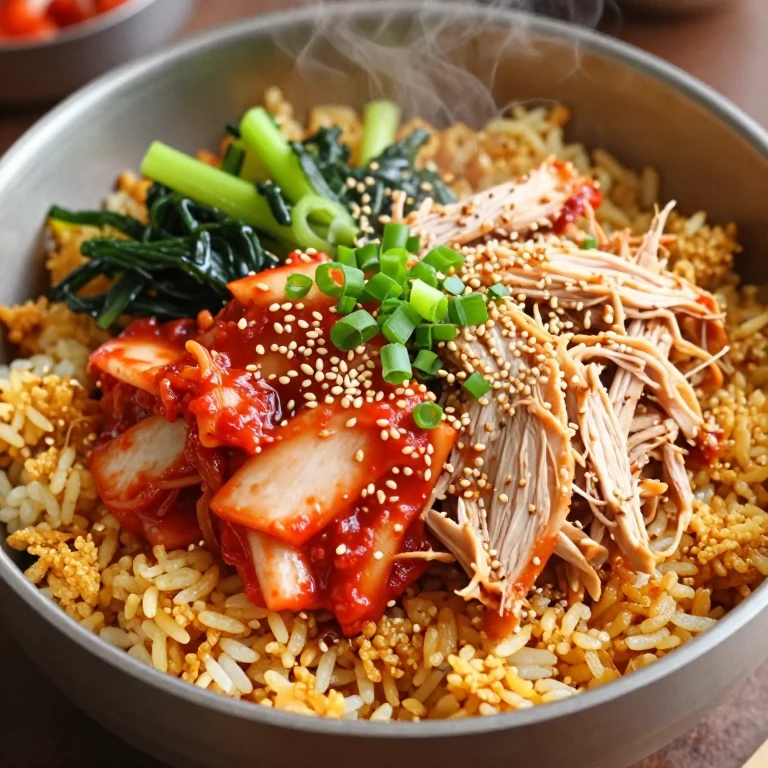 Shredded chicken kimchi bibimbap, sesame seeds, scallions, pickled vegetables