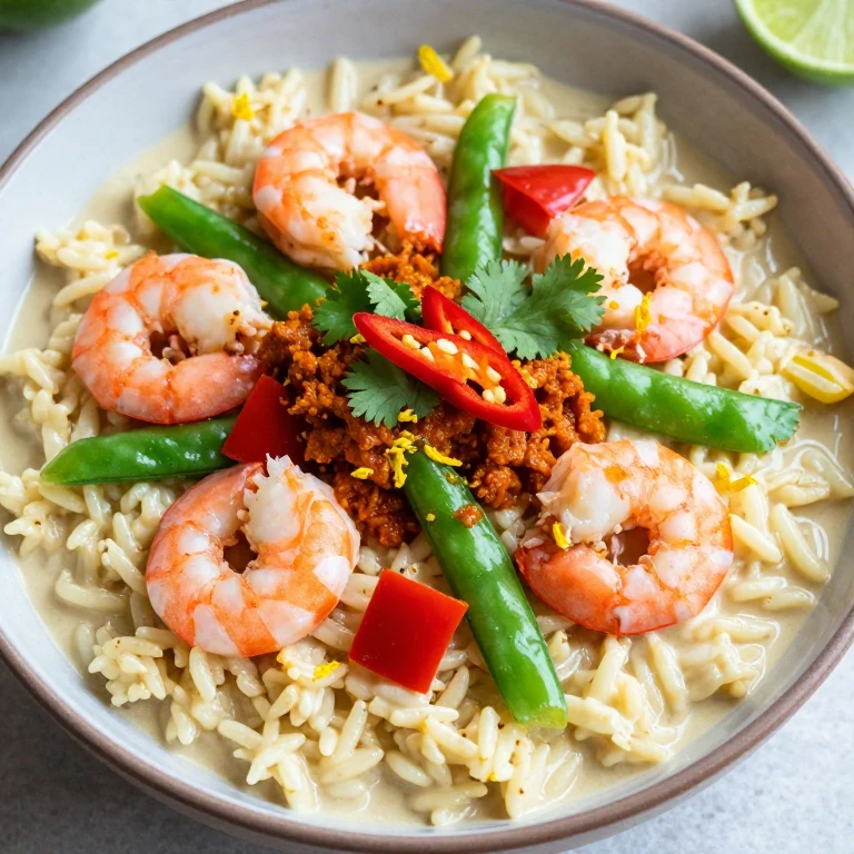 Coconut shrimp curry rice bowl with cilantro and red chili garnish