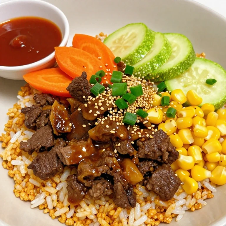 Mild beef vegetable bibimbap with carrots, zucchini, corn, sesame seeds, scallions