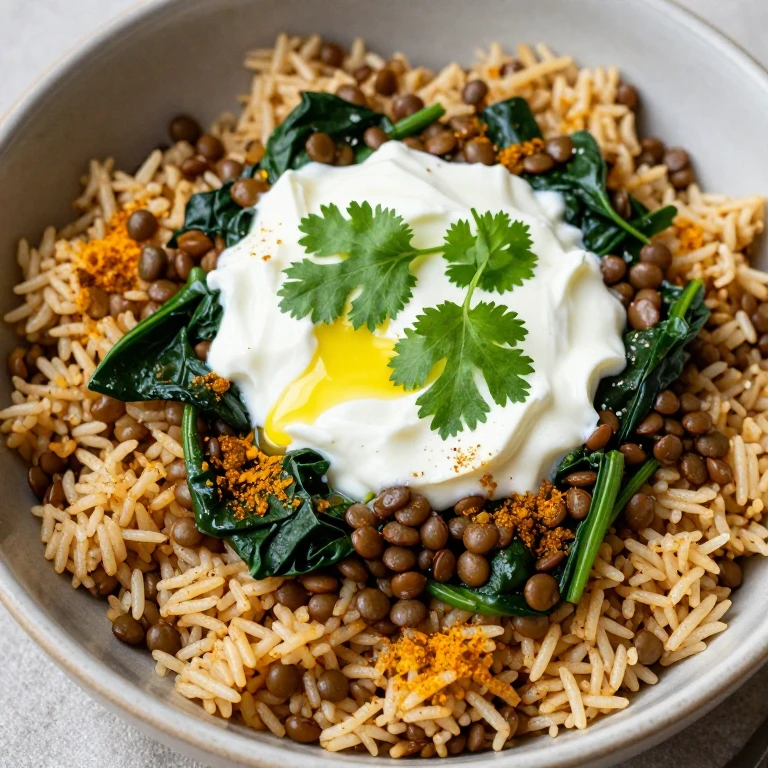 Spiced lentil and spinach rice bowl with yogurt and cilantro