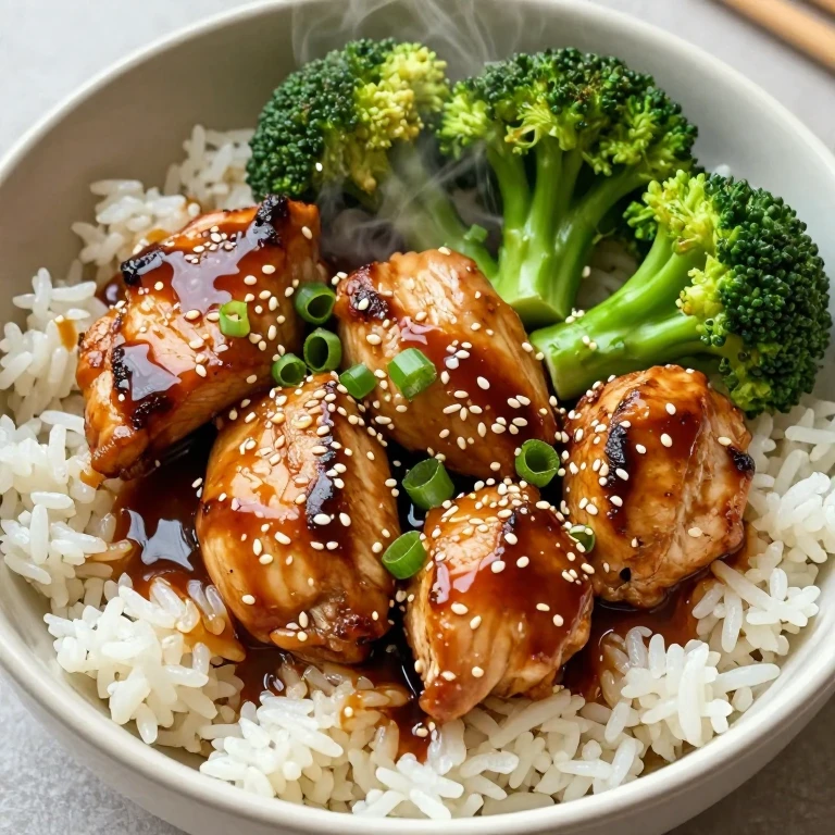 Teriyaki chicken and broccoli rice bowl with sesame seeds and green onions