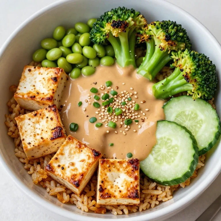 Tofu edamame bibimbap with peanut gochujang sauce, broccoli, cucumber, sesame seeds