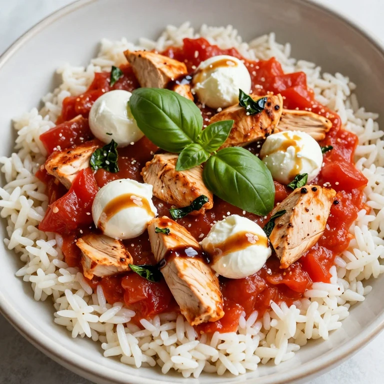 Tomato basil chicken rice bowl topped with fresh mozzarella and basil