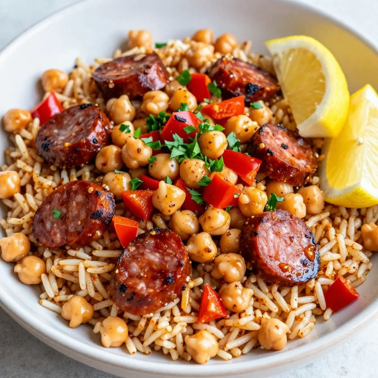Chorizo and chickpea rice bowl with red peppers and parsley