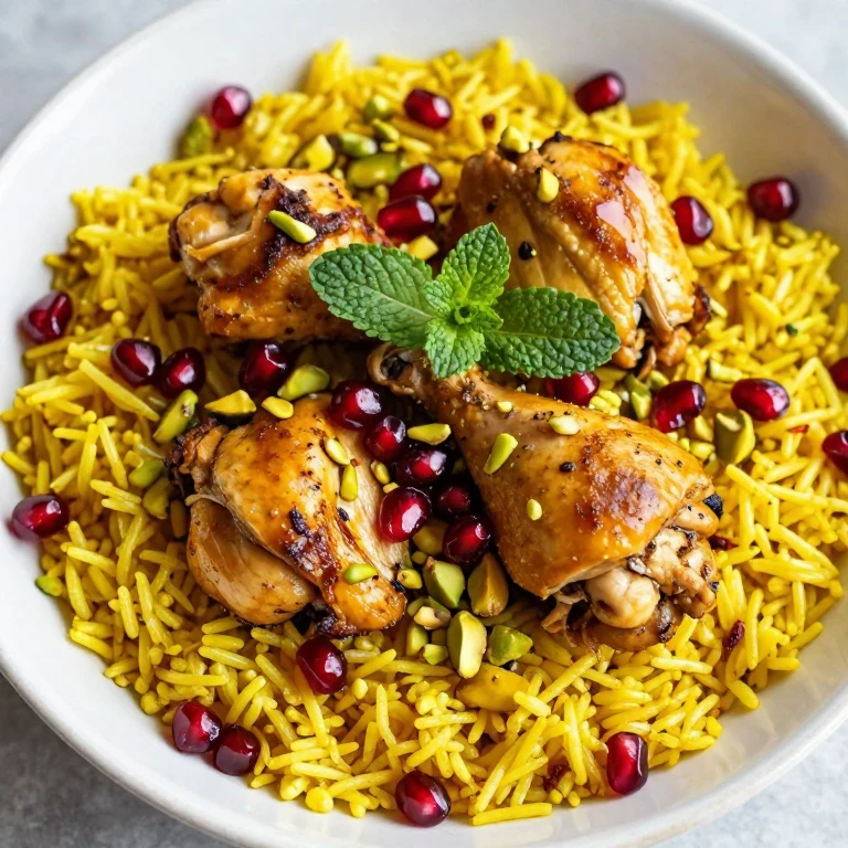 Saffron chicken rice bowl with pomegranate seeds, pistachios, and fresh herbs