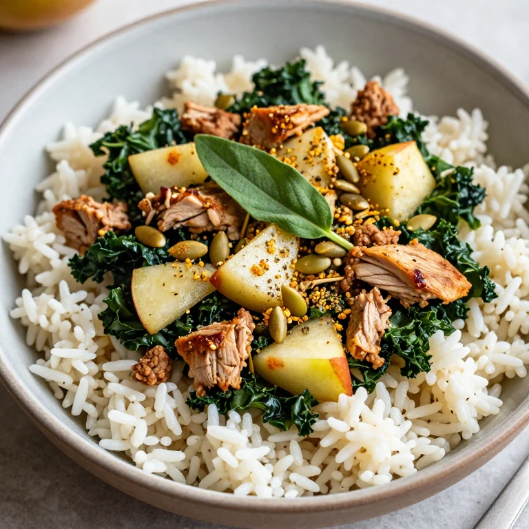 Turkey and kale rice bowl with apples, sage, and pumpkin seeds