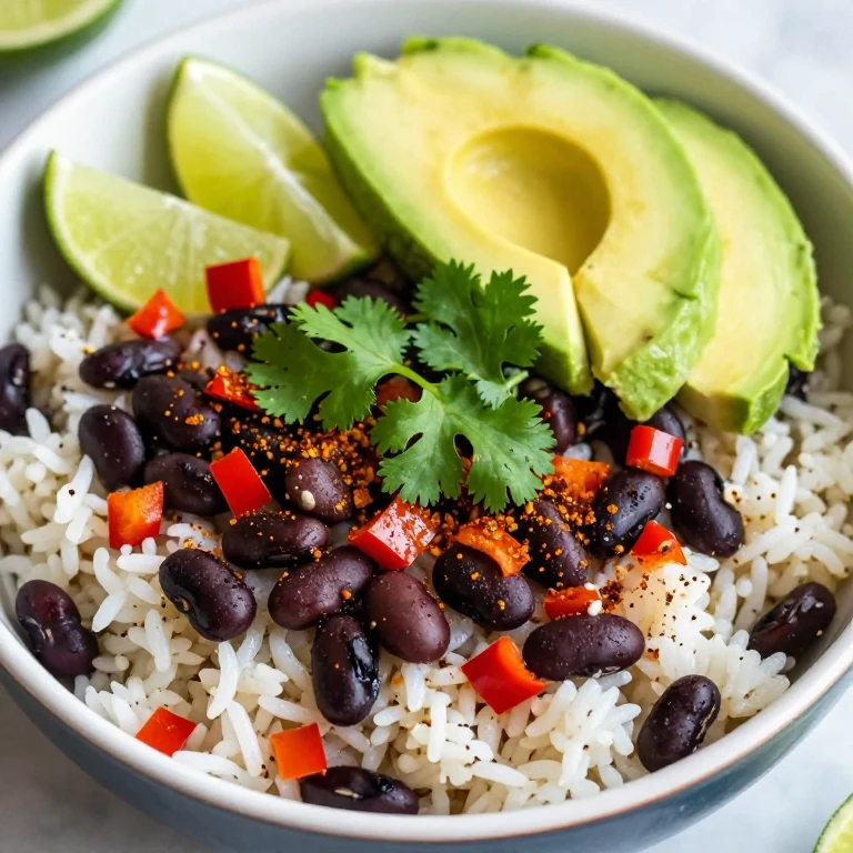 Black bean and cilantro lime rice bowl topped with avocado