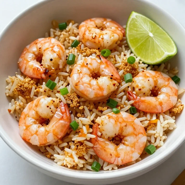 Garlic shrimp fried rice bowl with green scallions and lime wedge