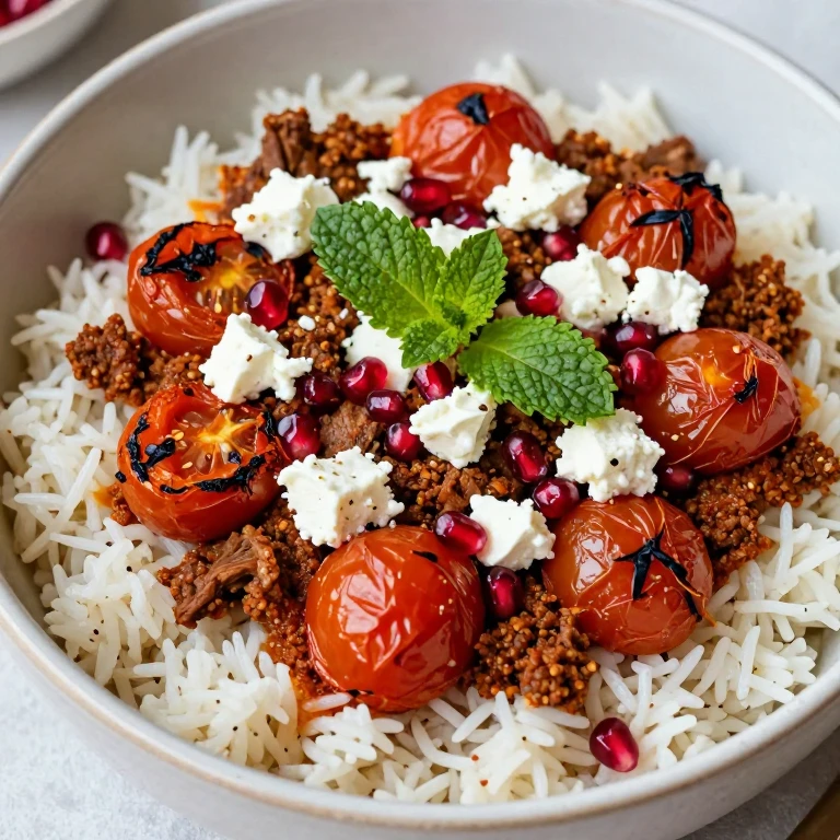 Harissa lamb rice bowl with feta, tomatoes, pomegranate, and mint