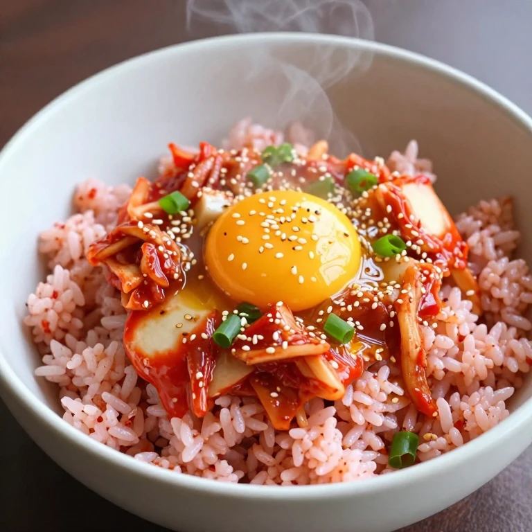 Kimchi fried rice bowl topped with crispy fried egg and sesame seeds