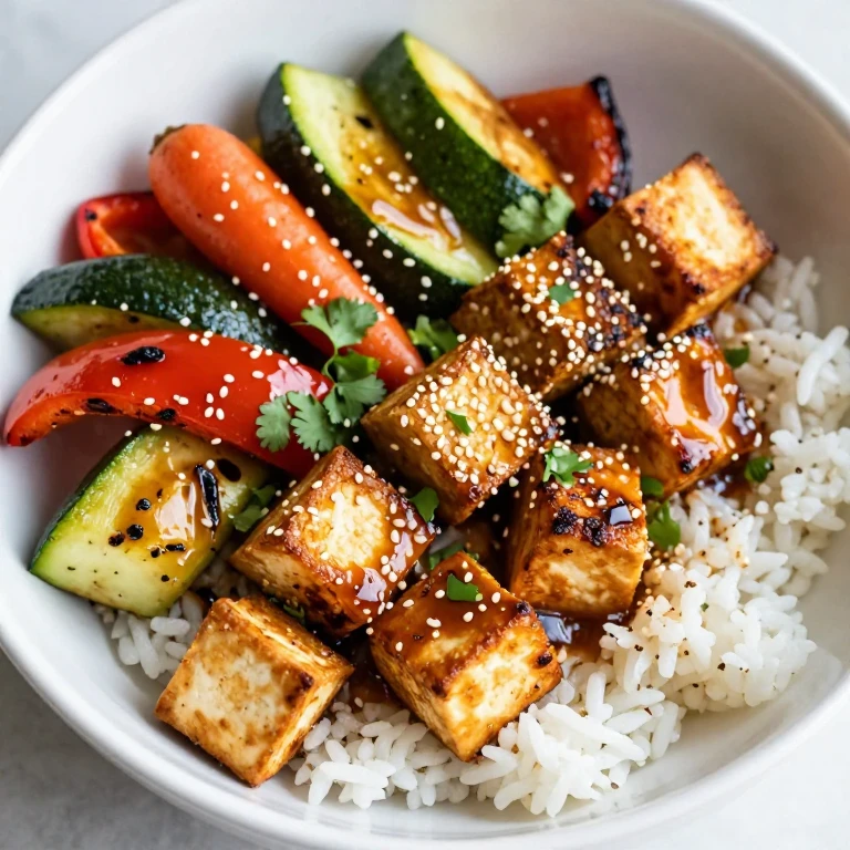 Sesame tofu and roasted vegetable rice bowl with cilantro garnish