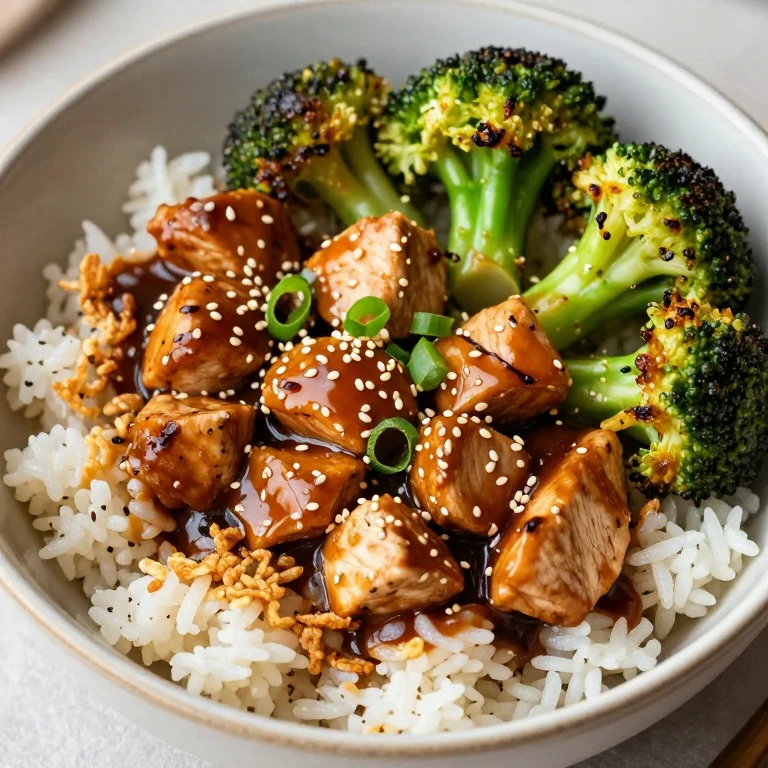 Teriyaki chicken and broccoli rice bowl with sesame seed garnish