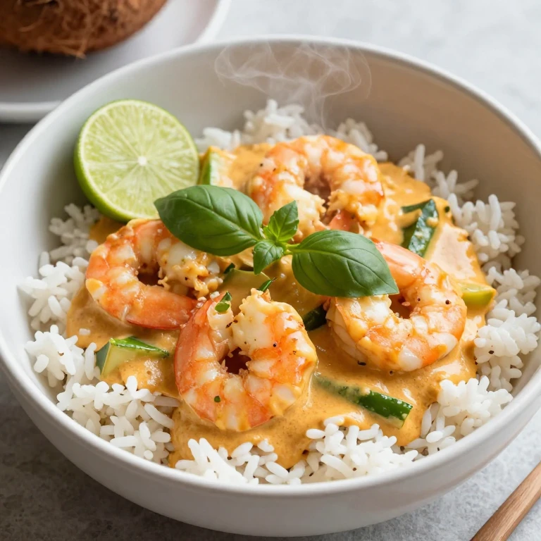 Coconut curry shrimp rice bowl with basil and cilantro garnish