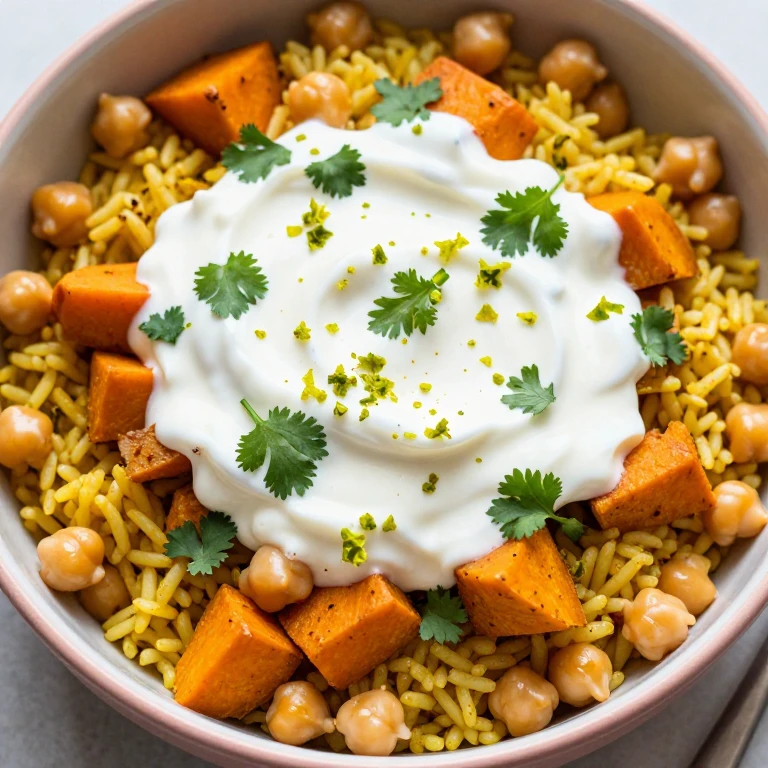 Turmeric chickpea and sweet potato rice bowl with cilantro and tahini