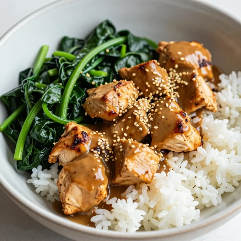 Miso butter chicken and greens rice bowl with sesame seed topping