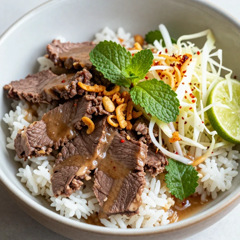 Thai beef salad rice bowl with crispy shallots and fresh herbs