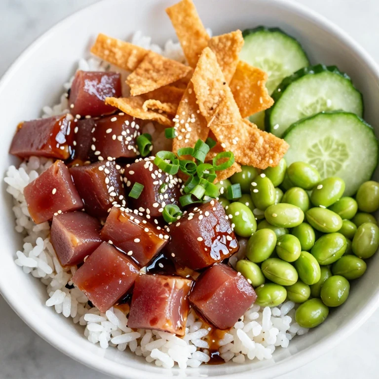 Tuna poke and edamame sushi rice bowl with crispy wonton strips