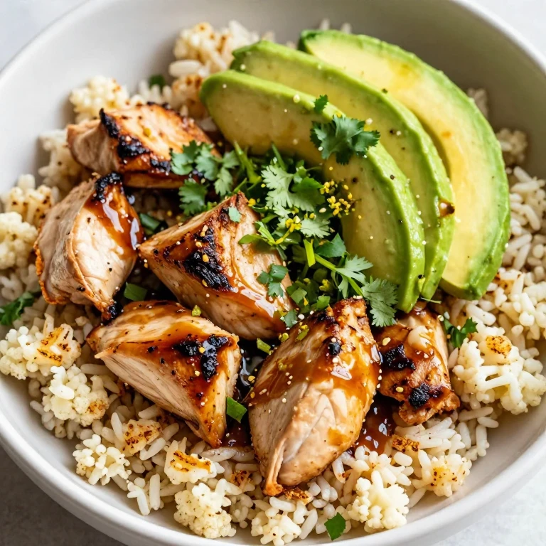 Chili-lime chicken and cauliflower rice bowl with avocado and cilantro